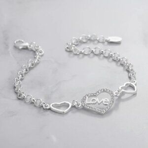 Sterling Silver Heart Bracelet, Geometric Chain, Valentine's Day Gift
